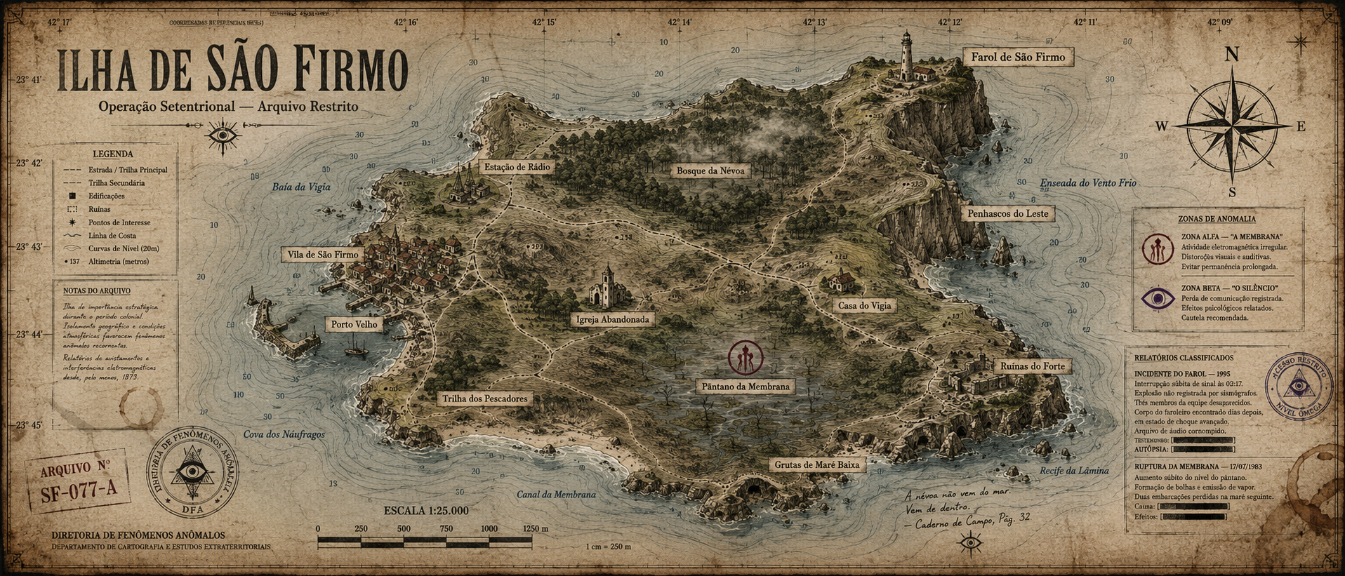 Mapa antigo da Ilha de São Firmo com estradas, edificações, relevo, zonas anômalas e pontos de interesse
